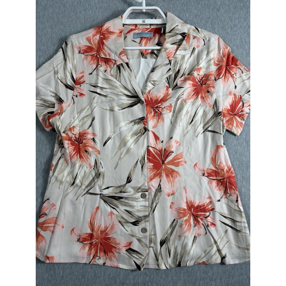 Vintage Valerie‎ Stevens Hawaiian Shirt Petite PL Silk Multicolor Short Sleeve
